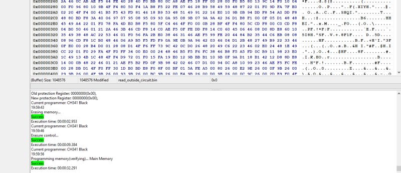 Screenshot of a flash memory tool showing hex data, CH341 Black programmer status, and success messages for memory operations.