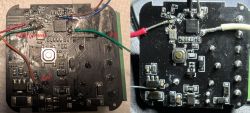Two close-ups of a PCB with soldered wires and labels GND, 3.3V, and CEN