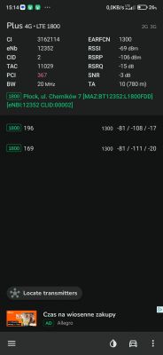 Zrzut ekranu informacji sieci Plus 4G LTE 1800.