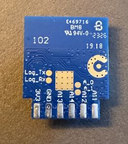 Image of an electronic module with a blue PCB and connectors labeled 3V3, GND, A13, A14.