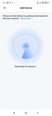Device pairing screen in a mobile app, with radar animation and the text Searching for devices....