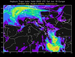 Mapa indeksu tropo Hepburna pokazująca warunki tropo nad Europą w dniu 18 stycznia.
