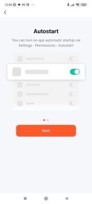 Autostart screen in Tuya app Tuya app screen with autostart option and enabled toggle switch.