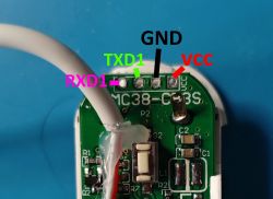 MC38-CB3S module with labels TXD1, RXD1, GND, and VCC.
