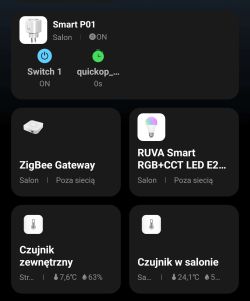 Smart home app screen with tiles: Smart P01, ZigBee Gateway, RUVA Smart, and two temperature sensors.