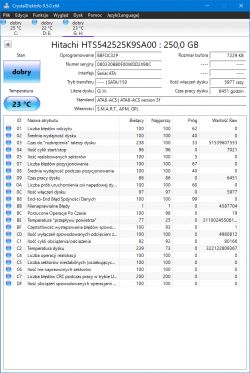 Zrzut ekranu programu CrystalDiskInfo pokazujący parametry dysku Hitachi HTS542525K9SA00 o pojemności 250 GB.