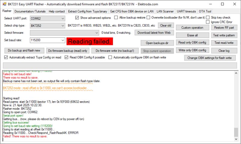 Screenshot of the BK7231 Easy UART Flasher software with a red Reading failed error message.