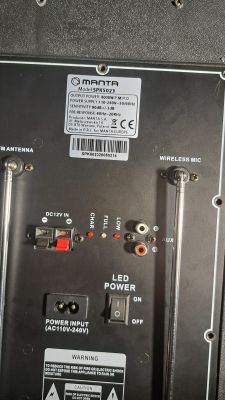 Panel tylni głośnika Manta SPK5023 z oznaczeniami i portami.