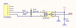 Schemat wejścia MIDI z transoptorem TLP2391 w projekcie na Raspberry Pi.