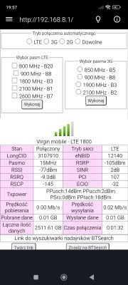 Zrzut ekranu interfejsu routera Huawei B535 pokazujący ustawienia sieci LTE i 3G oraz parametry połączenia.