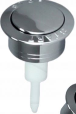 Chrome start-stop button for a toilet flush.