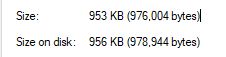 Screenshot showing file size and size on disk.