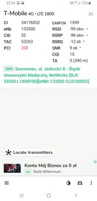 Zrzut ekranu z aplikacji NetMonster pokazujący dane sieci LTE T-Mobile w Sosnowcu.