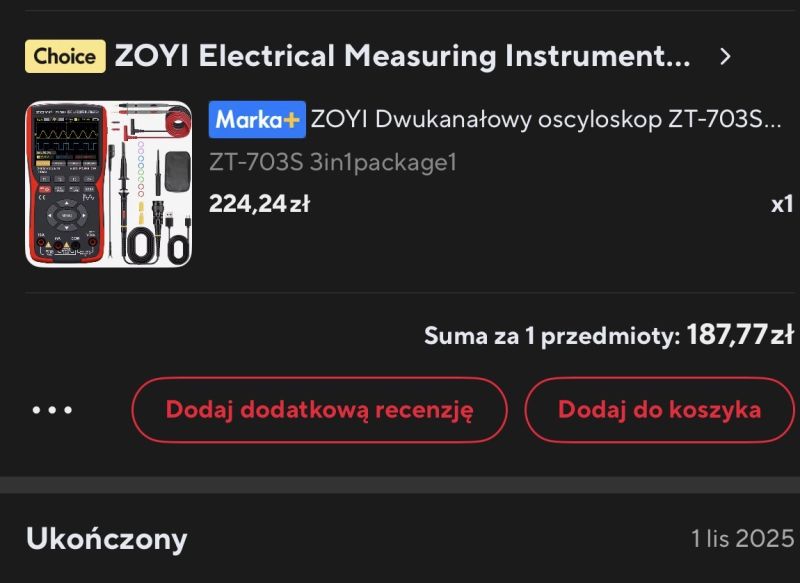 Zrzut ekranu zamówienia: ZOYI ZT-703S, cena 224,24 zł, suma 187,77 zł, status „Ukończony”.