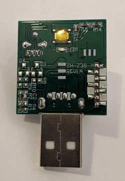 USB adapter PCB with label ZH-Z38-A REV:A, button, connectors, and USB Type-A plug.
