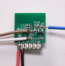 Close-up of a BL602 PCB with soldered wires.