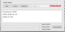 Software interface showing Unlocked status and connected to COM7 port