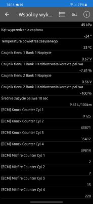 Zrzut ekranu z danymi diagnostycznymi samochodu, pokazujący parametry takie jak kąt wyprzedzenia zapłonu i liczniki spalania stukowego dla cylindrów.