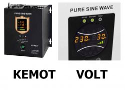 Dwa panele sterujące inwerterów Kemot i Volt z wyświetlaczami pokazującymi napięcie 230V.