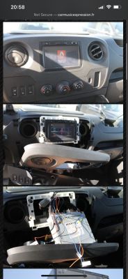 Fotos zeigen den Ausbau des Radios in einem Renault Master 2018 mit Ersatz durch ein MediaNav Evolution-System und Verkabelung.