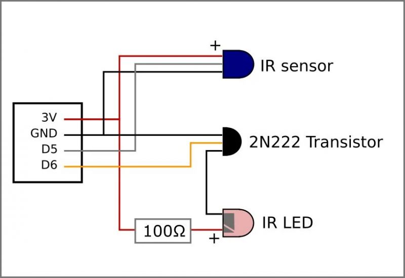 Connection diagram with IR sensor, 2N222 transistor, and IR LED.