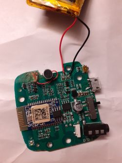 Płytka drukowana głośnika bezprzewodowego Philips BT100 z zaznaczonymi na czerwono elementami.