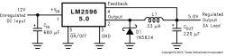 Schematic of LM2596 5.0 buck converter: 12 V input, 33 µH inductor, 5 V 3 A regulated output