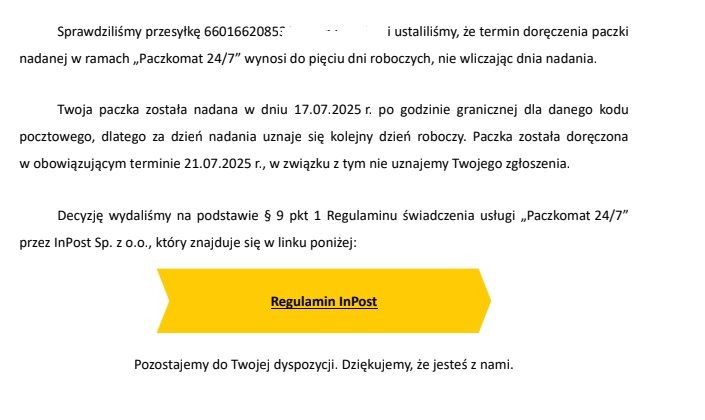 Zrzut ekranu z odpowiedzi InPost dotyczącej terminu doręczenia paczki