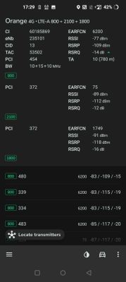 Zrzut ekranu z aplikacji przedstawiający parametry sieci LTE-A Orange (800, 2100, 1800 MHz), w tym RSSI, RSRP, RSRQ i PCI.