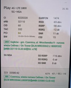 Parametry sygnału LTE i 5G sieci Play z analizatora NetMonster Zrzut ekranu z aplikacji pokazujący parametry sygnału LTE i 5G sieci Play