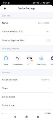 Device settings with version 1.3.2 and integrations with Alexa, Google Home, IFTTT, SmartThings, and AliGenie platforms.