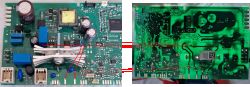 Zdjęcie dwóch stron płytki PCB z naniesionymi czerwonymi i niebieskimi liniami wskazującymi połączenia między punktami pomiarowymi.
