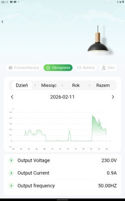 Zrzut ekranu aplikacji z wykresem obciążenia energii (dzień 2026‑02‑11) oraz parametrami wyjścia.