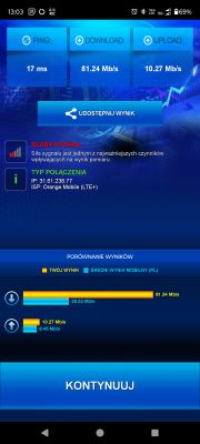 Wynik testu prędkości internetu mobilnego Orange z wynikiem 81,24 Mb/s pobierania, 10,27 Mb/s wysyłania i pingiem 17 ms.