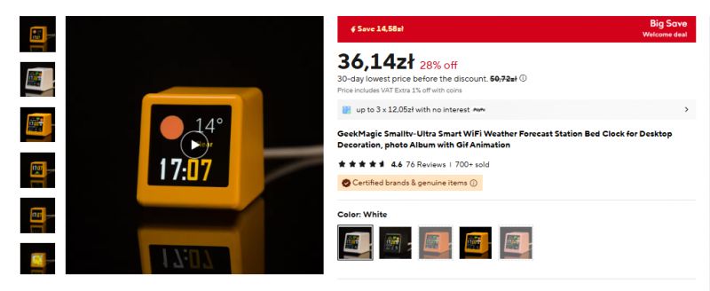 SmallTV-Ultra mit Wetteranzeige Kleines, gelbes elektronisches Gerät mit Display zeigt Wetter und Uhrzeit an.