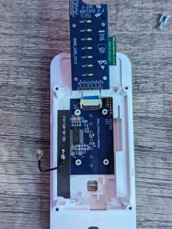 Internal view of a Shelly Plus wall dimmer showing circuit boards with an ESP32 chip.