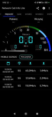 Zrzut ekranu aplikacji Network Cell Info Lite z wynikami testów 5G