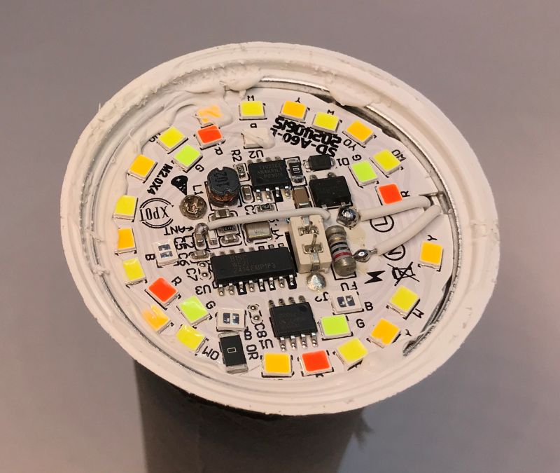 Inside View of RGB/CCT LED Bulb with Electronic Components PCB of an RGB/CCT LED bulb with visible diodes and electronic components.