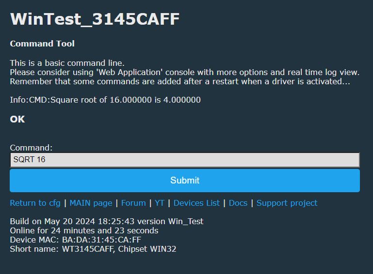 Screenshot of WinTest Command Tool Showing Square Root Calculation Screenshot of command tool WinTest_3145CAFF showing the result of the SQRT 16 command.