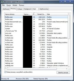 Menedżer zadań Windows pokazujący wysokie użycie CPU przez firefox.exe