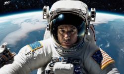 Astronaut Above Earth Astronaut in a spacesuit floating above Earth in outer space.
