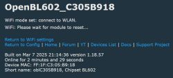 Screenshot of the OpenBL602 device web panel in WiFi connection mode.