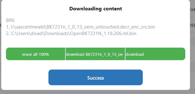Screenshot of firmware tool showing BK7231N firmware download progress and success