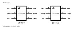 Schemat wyprowadzeń układu LN4050 i LN4051 w obudowie SOT23-6.