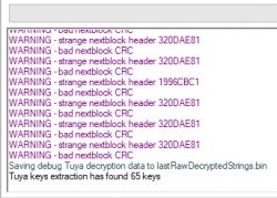 Screenshot showing warning messages related to Tuya data decryption.