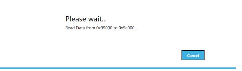 Waiting screen with data read process Screen with Please wait... message, data read info, and a Cancel button.