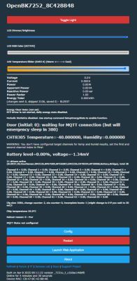 OpenBK7252 user interface with lighting settings and system data.