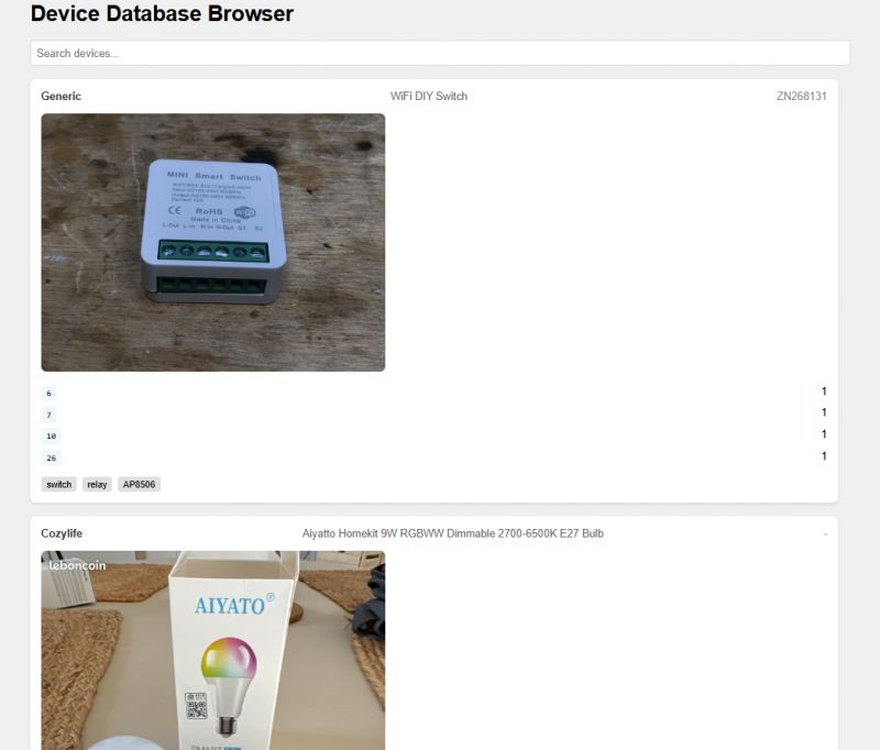 Device Database Browser Device database browser interface displaying information on two devices.
