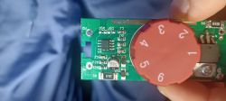 Parkside saw controller PCB with potentiometer and IC Close-up of PCB with potentiometer and 8-pin integrated circuit