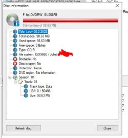 Screenshot eines Programms, das CD-R-Disc-Informationen mit ISO9660-Dateisystem anzeigt.